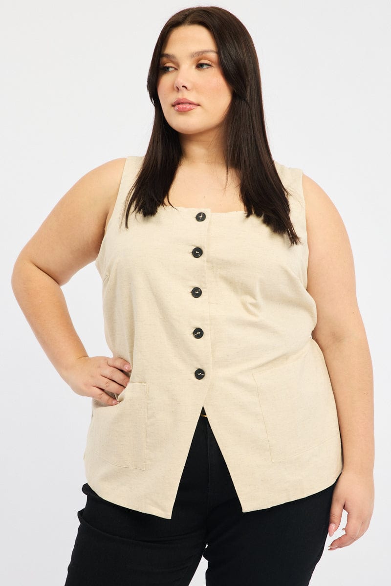 Beige Linen Square Neck Vest for YouandAll Fashion
