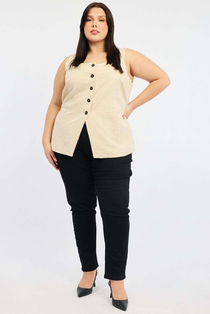 Beige Linen Square Neck Vest for YouandAll Fashion