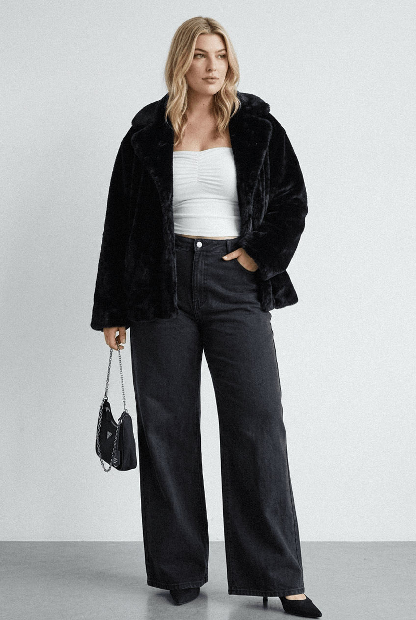 Black Faux Fur Jacket Long Sleeve for YouandAll Fashion