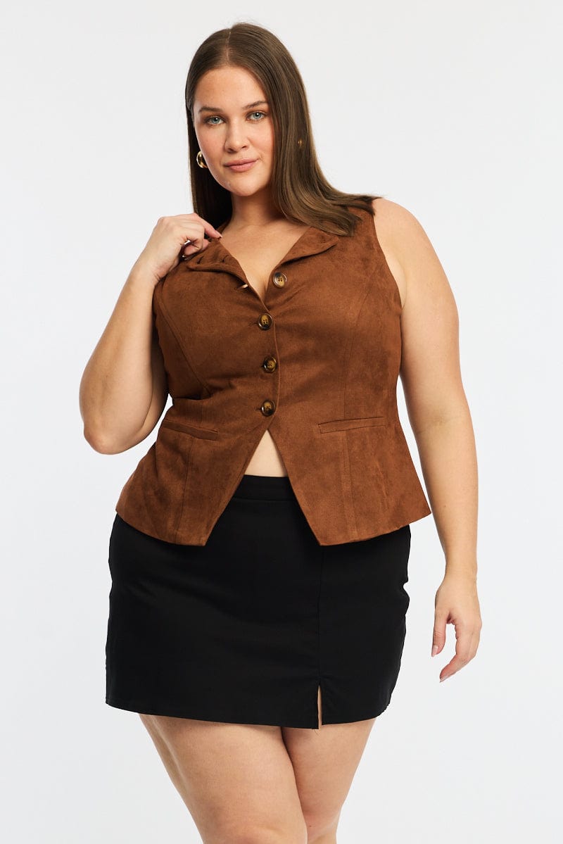 Brown Fitted Button Through Sleeveless Vest for YouandAll Fashion