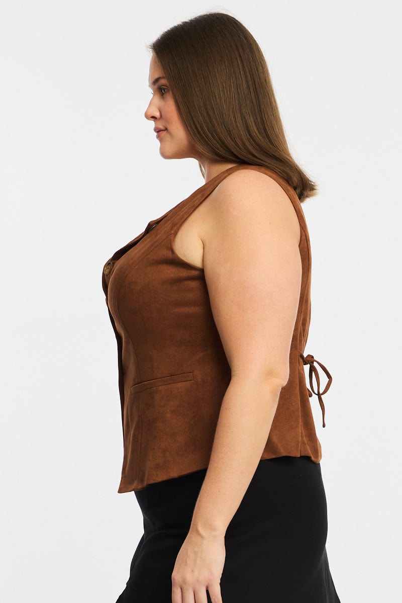 Brown Fitted Button Through Sleeveless Vest for YouandAll Fashion