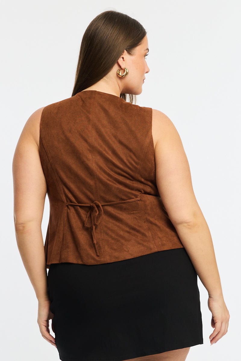 Brown Fitted Button Through Sleeveless Vest for YouandAll Fashion