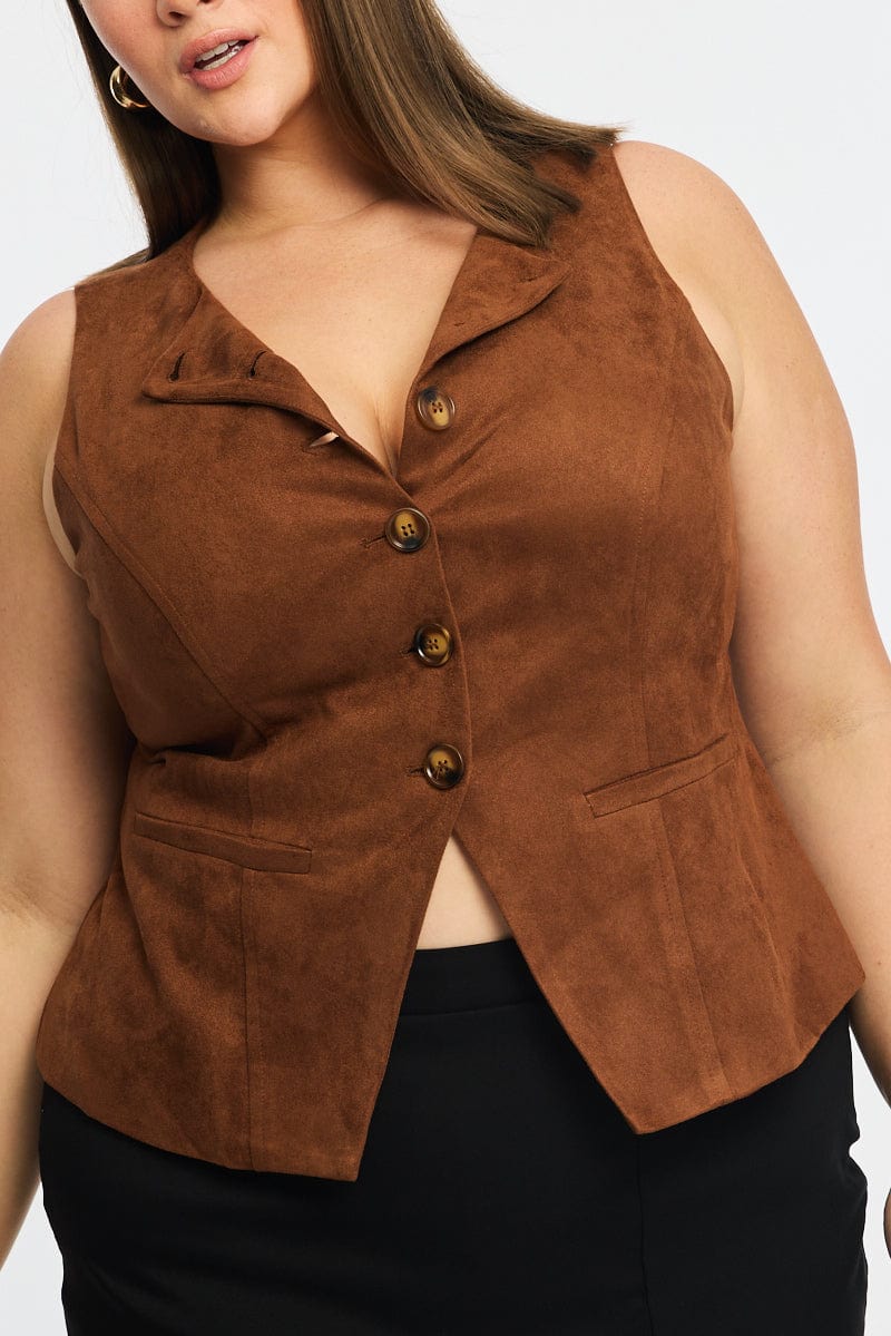 Brown Fitted Button Through Sleeveless Vest for YouandAll Fashion
