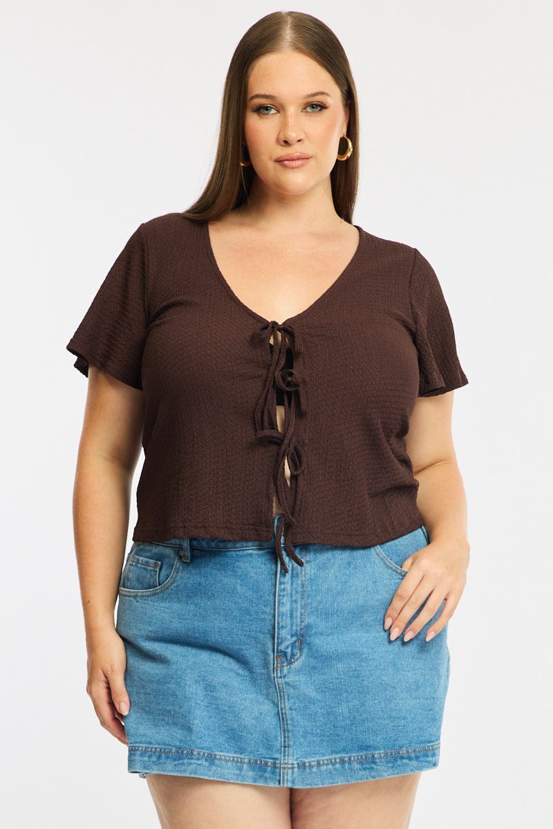 Brown Tie Up Top Short Sleeve for YouandAll Fashion