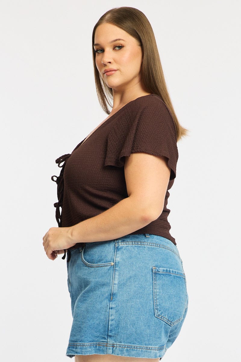 Brown Tie Up Top Short Sleeve for YouandAll Fashion