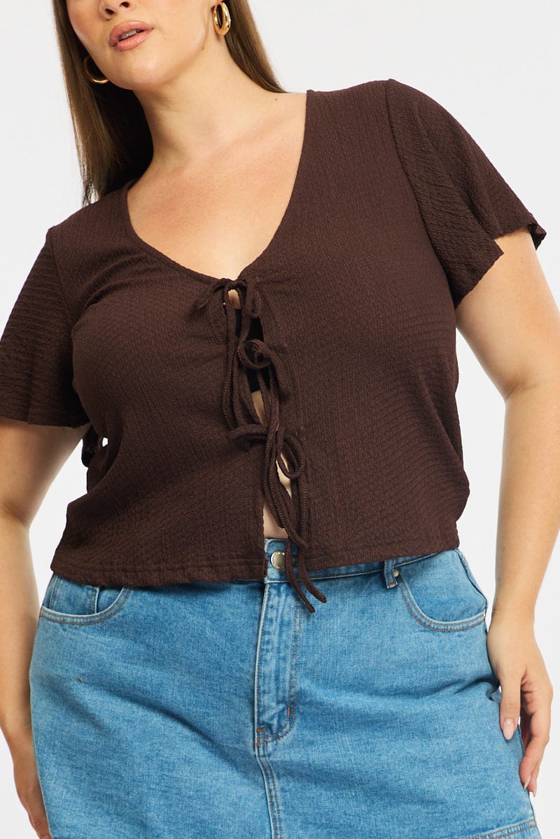 Brown Tie Up Top Short Sleeve for YouandAll Fashion