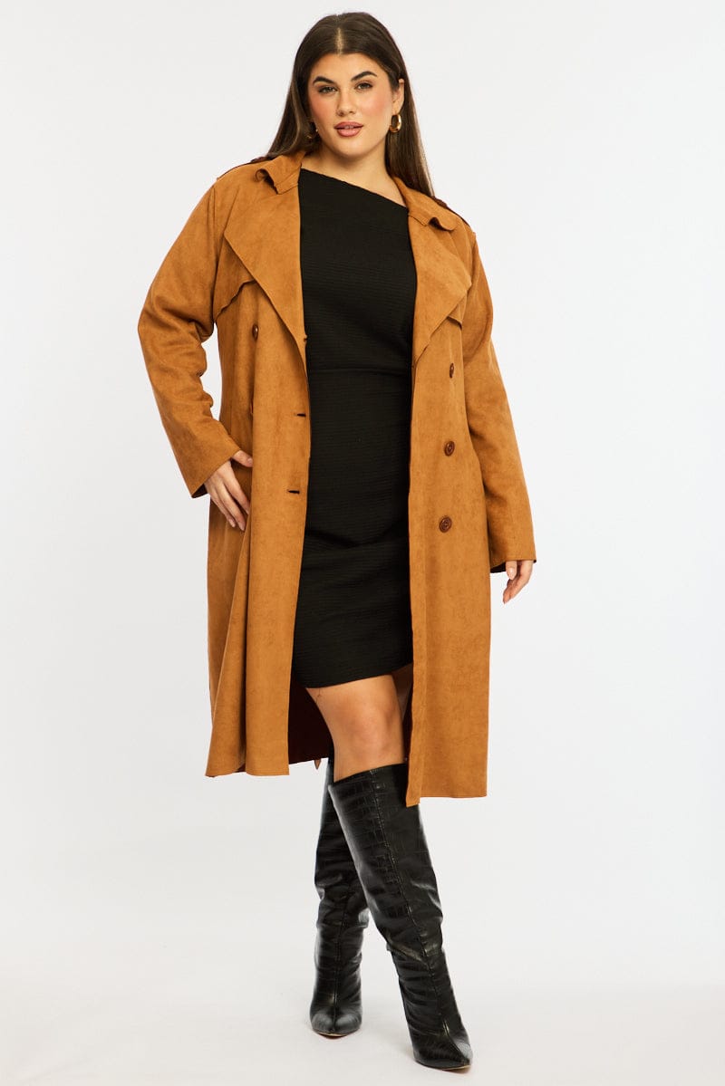 Brown Brown Faux Suede Trench Coat for YouandAll Fashion