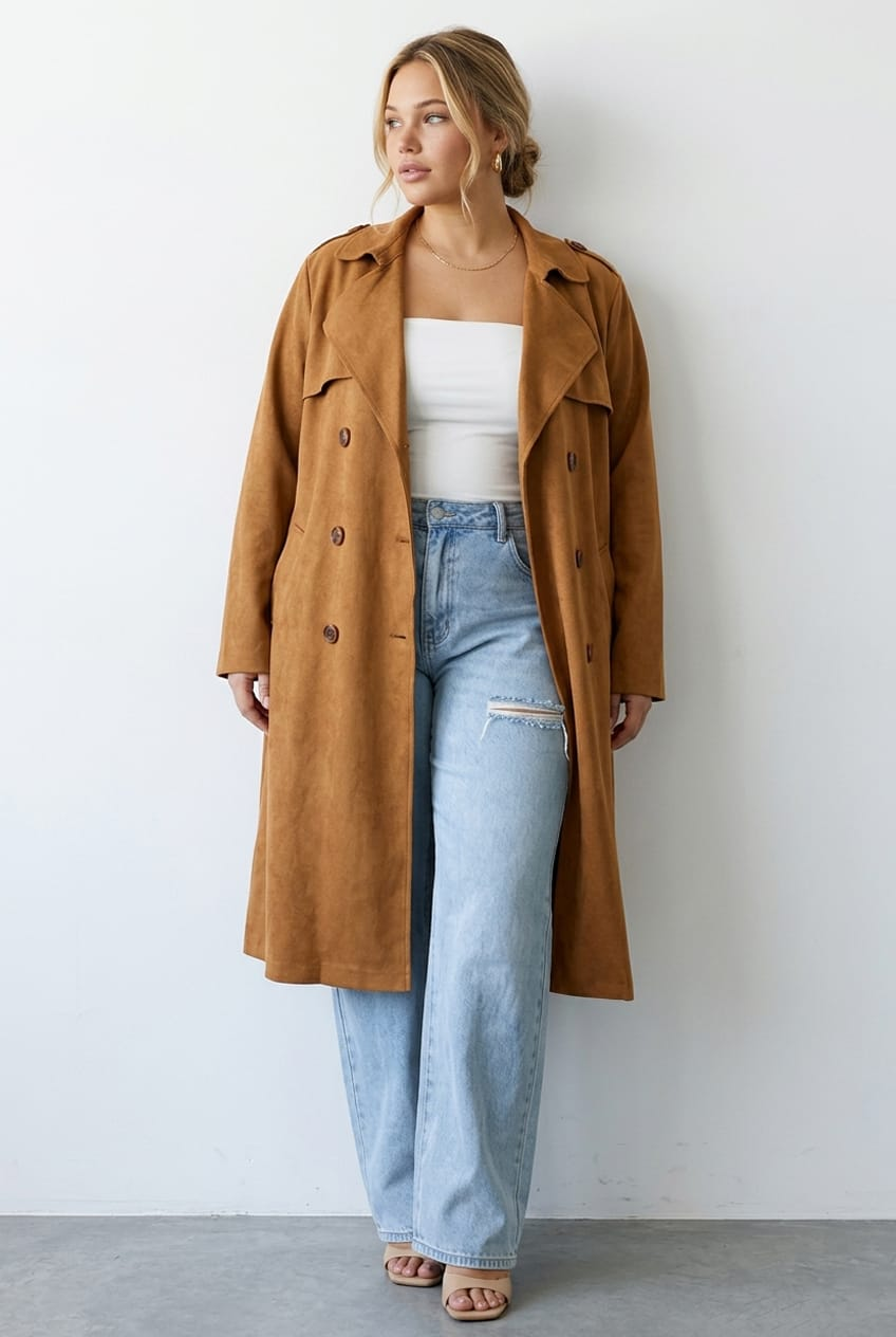 Brown Brown Faux Suede Trench Coat for YouandAll Fashion