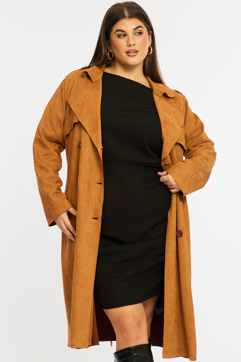 Brown Brown Faux Suede Trench Coat for YouandAll Fashion