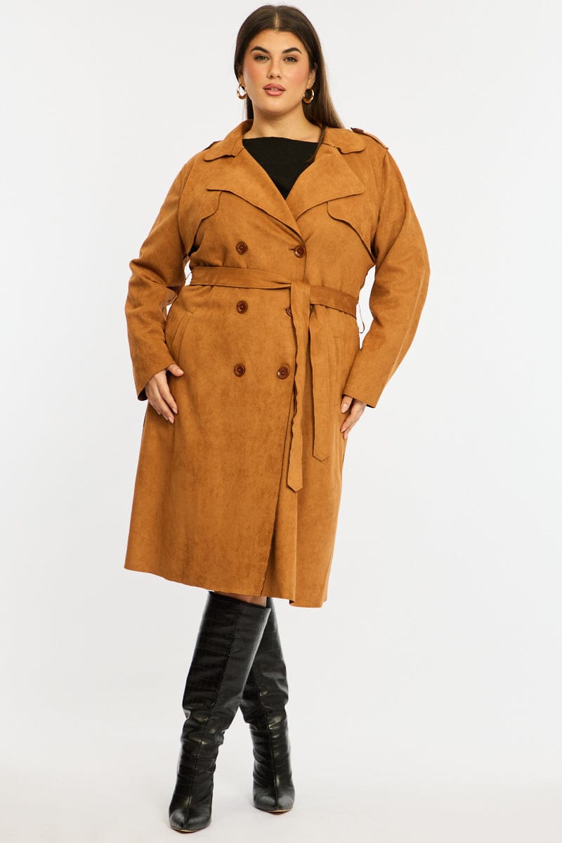 Brown Brown Faux Suede Trench Coat for YouandAll Fashion