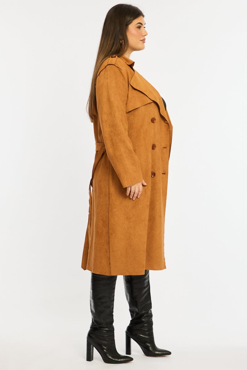Brown Brown Faux Suede Trench Coat for YouandAll Fashion