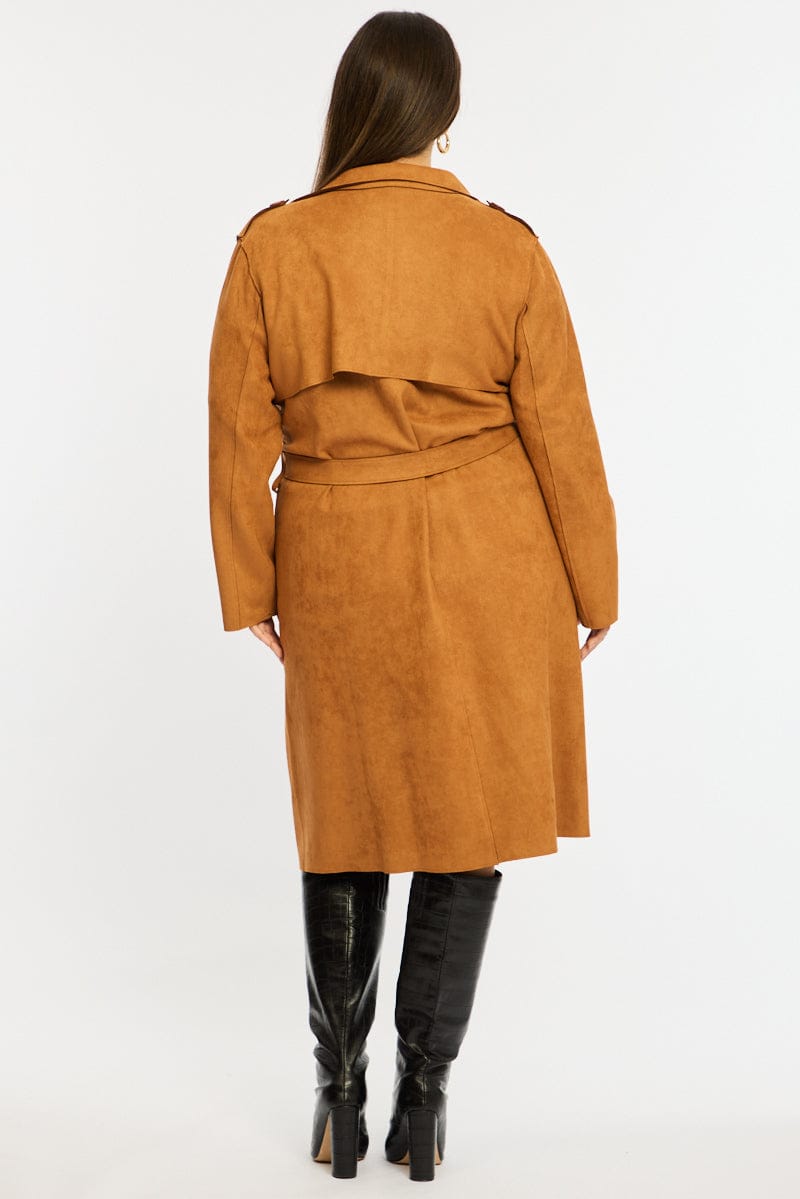 Brown Brown Faux Suede Trench Coat for YouandAll Fashion
