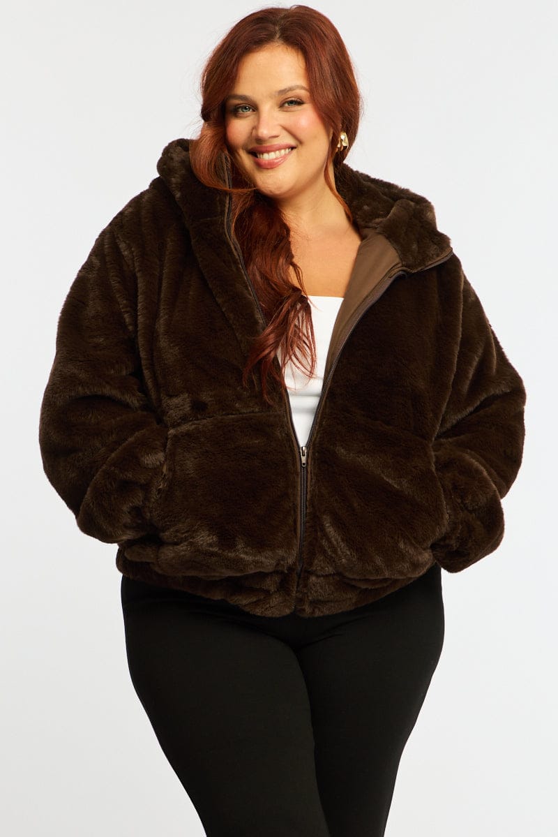 Brown Faux Fur Jacket Long Sleeve Hoodie for YouandAll Fashion
