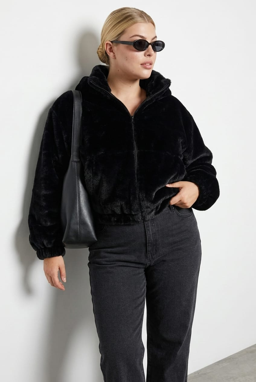 Black Faux Fur Jacket Long Sleeve Hoodie for YouandAll Fashion