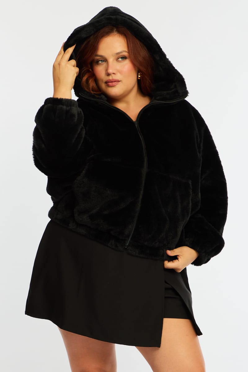 Black Faux Fur Jacket Long Sleeve Hoodie for YouandAll Fashion