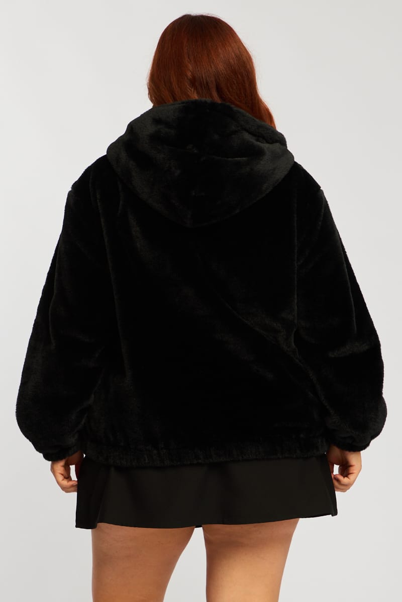 Black Faux Fur Jacket Long Sleeve Hoodie for YouandAll Fashion