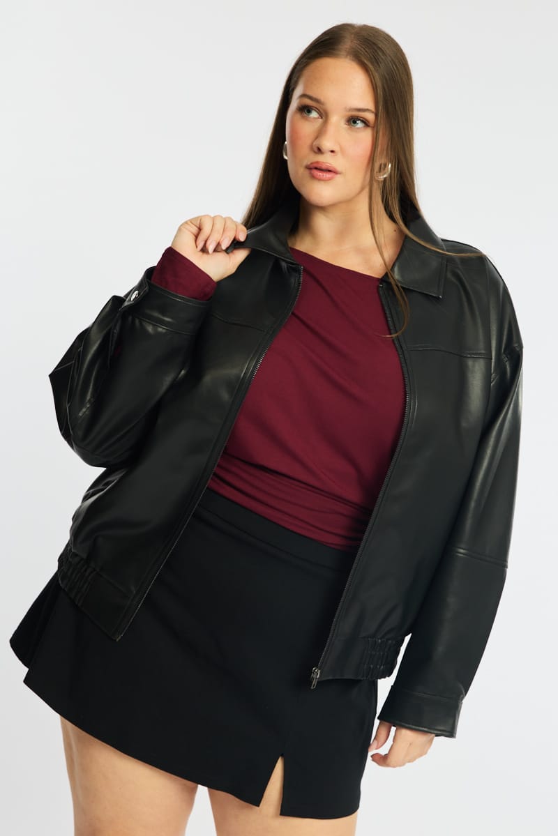 Black Bomber Jacket Faux Leather for YouandAll Fashion