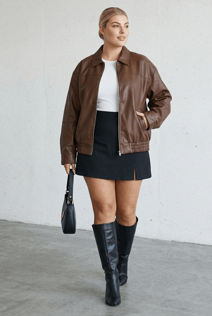 Brown Bomber Jacket Faux Leather for YouandAll Fashion