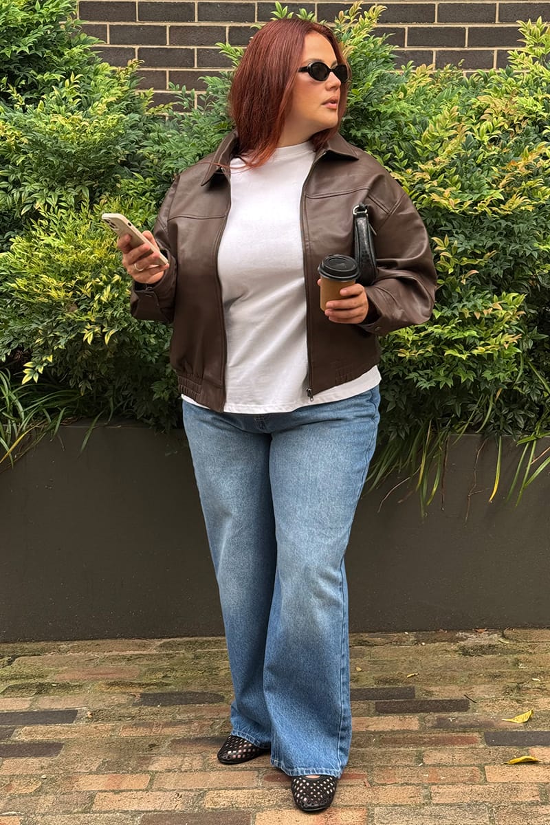 Brown Bomber Jacket Faux Leather for YouandAll Fashion