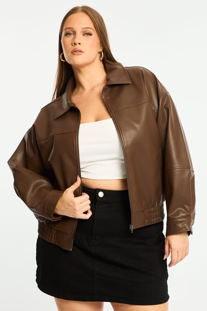 Brown Bomber Jacket Faux Leather for YouandAll Fashion