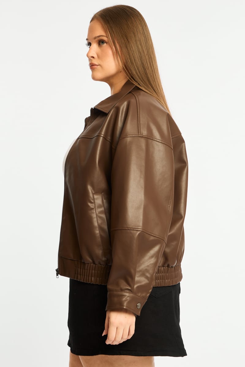 Brown Bomber Jacket Faux Leather for YouandAll Fashion
