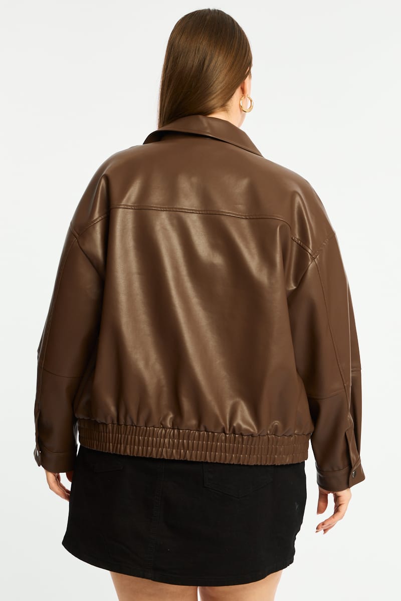 Brown Bomber Jacket Faux Leather for YouandAll Fashion