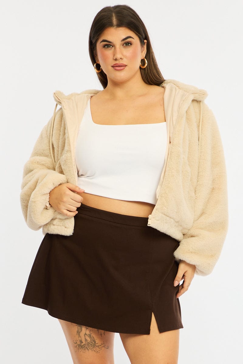 Beige Fur Jacket Long Sleeve Hoodie for YouandAll Fashion