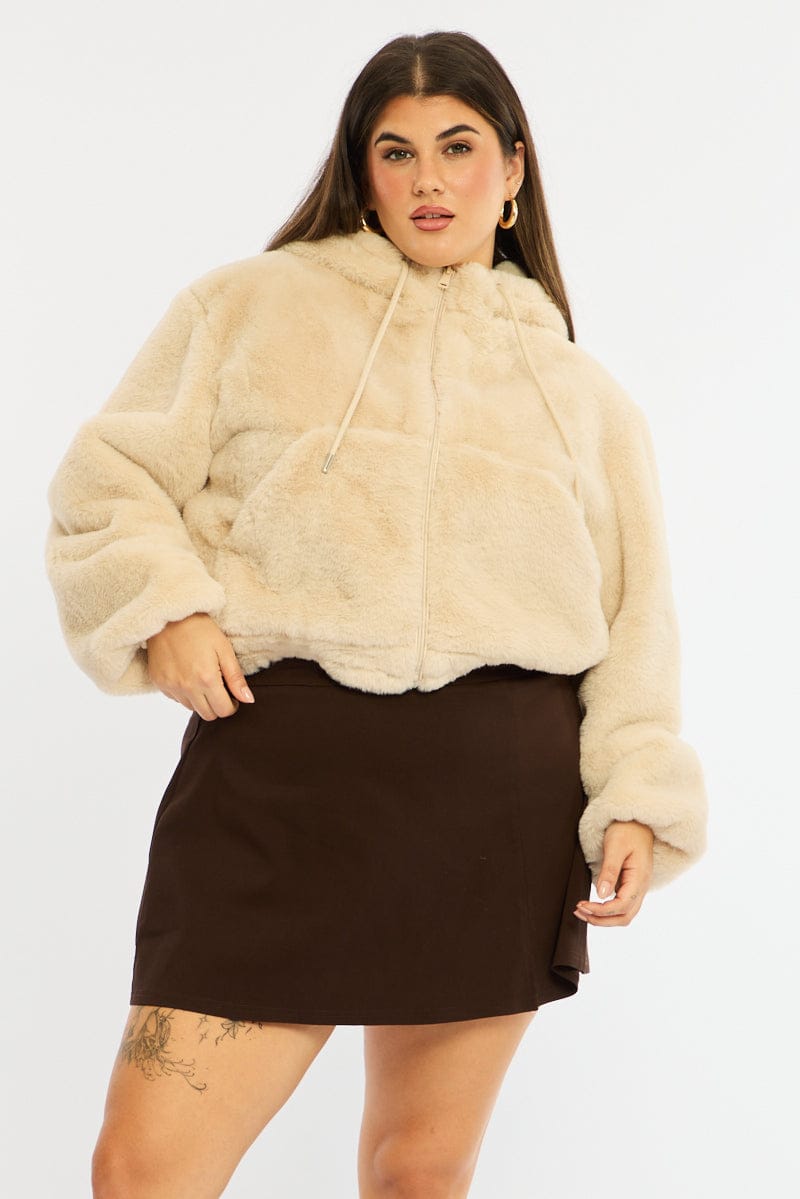 Beige Fur Jacket Long Sleeve Hoodie for YouandAll Fashion