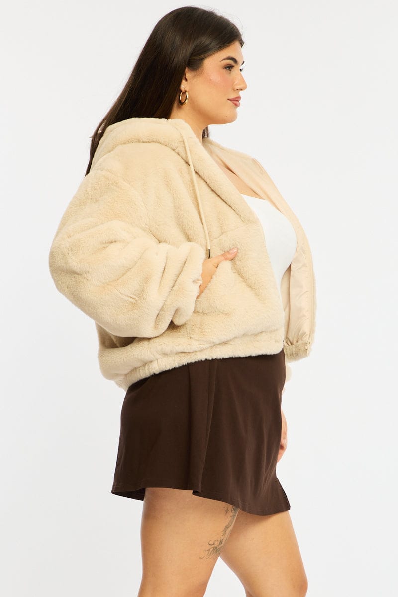 Beige Fur Jacket Long Sleeve Hoodie for YouandAll Fashion