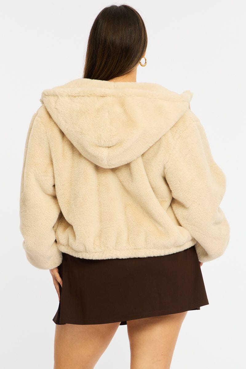 Beige Fur Jacket Long Sleeve Hoodie for YouandAll Fashion