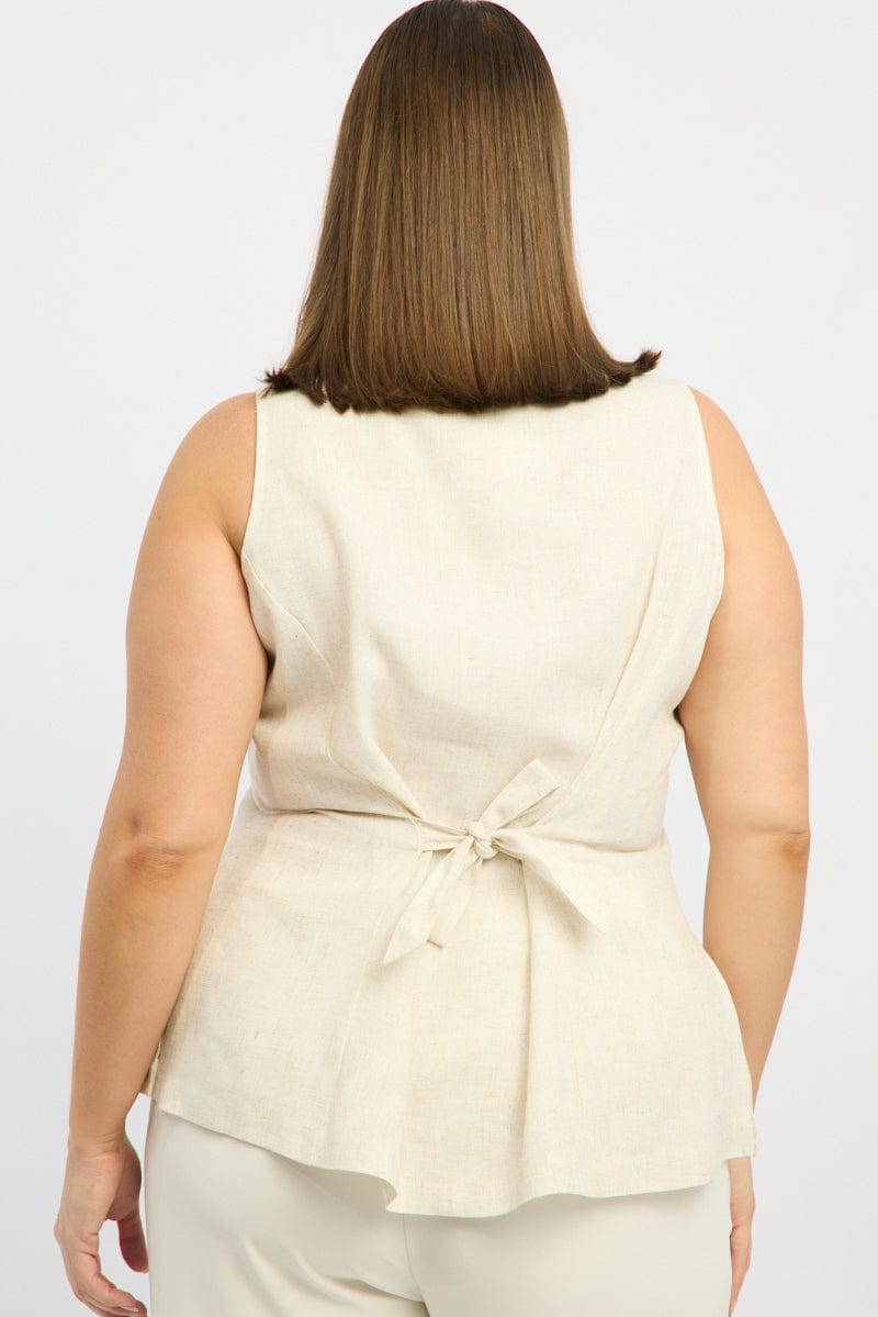 Beige Longline Linen Blend Tie Back Vest for YouandAll Fashion