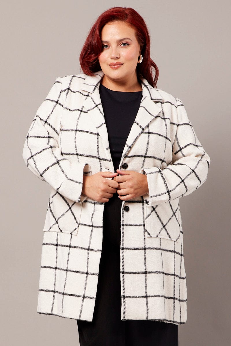 White Check Long Coat Lined Button Front for YouandAll Fashion