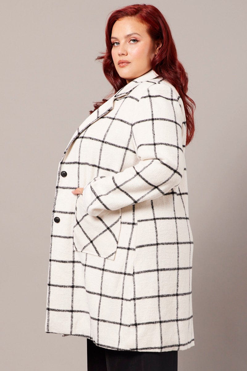 White Check Long Coat Lined Button Front for YouandAll Fashion