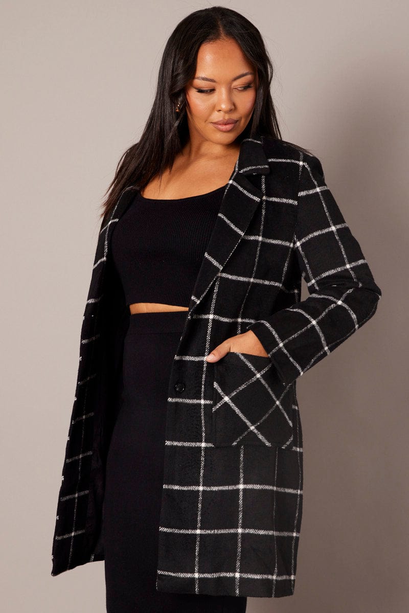 Black Check Long Coat Lined Button Front for YouandAll Fashion