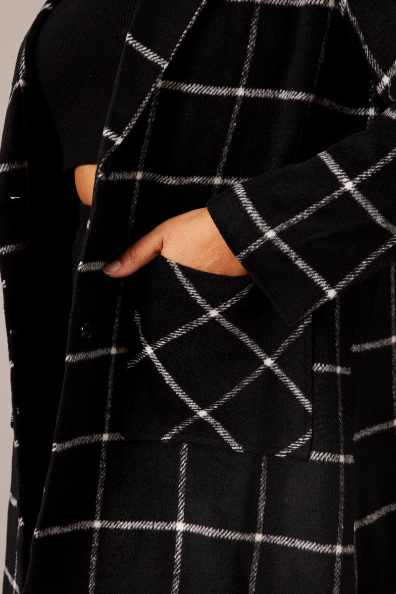 Black Check Long Coat Lined Button Front for YouandAll Fashion