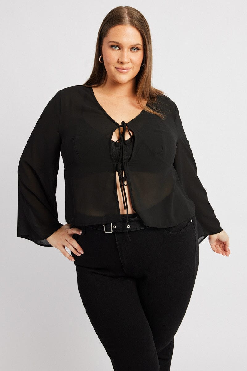 Black Chiffon Flare Sleeve Tie Bolero Jacket for YouandAll Fashion