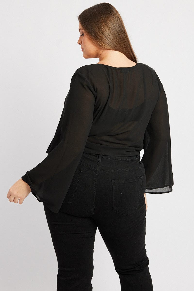 Black Chiffon Flare Sleeve Tie Bolero Jacket You All