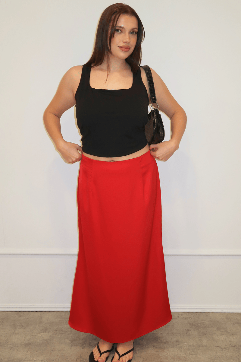Red Satin Maxi Skirt for YouandAll Fashion