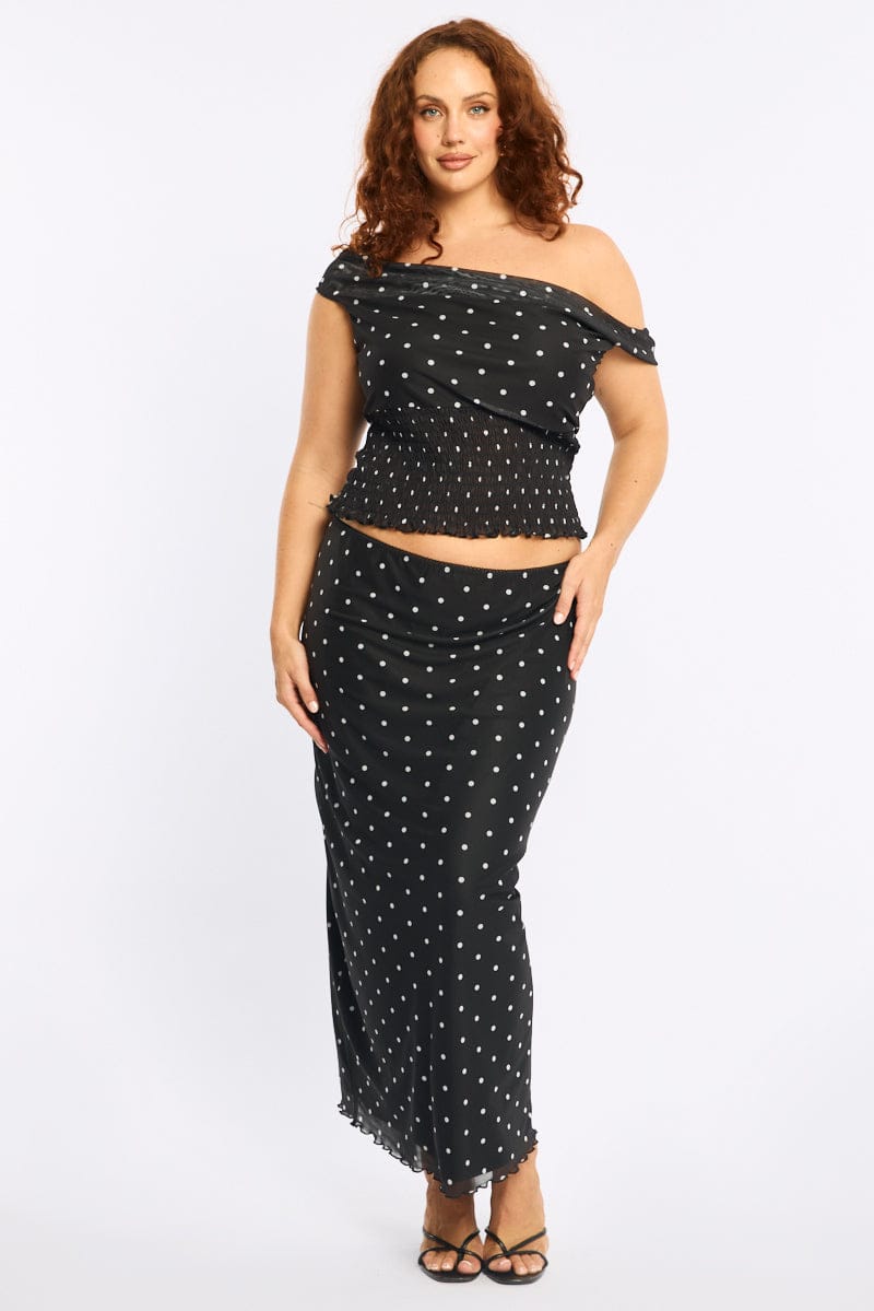 Black Polka Dot Maxi Skirt Mesh for YouandAll Fashion
