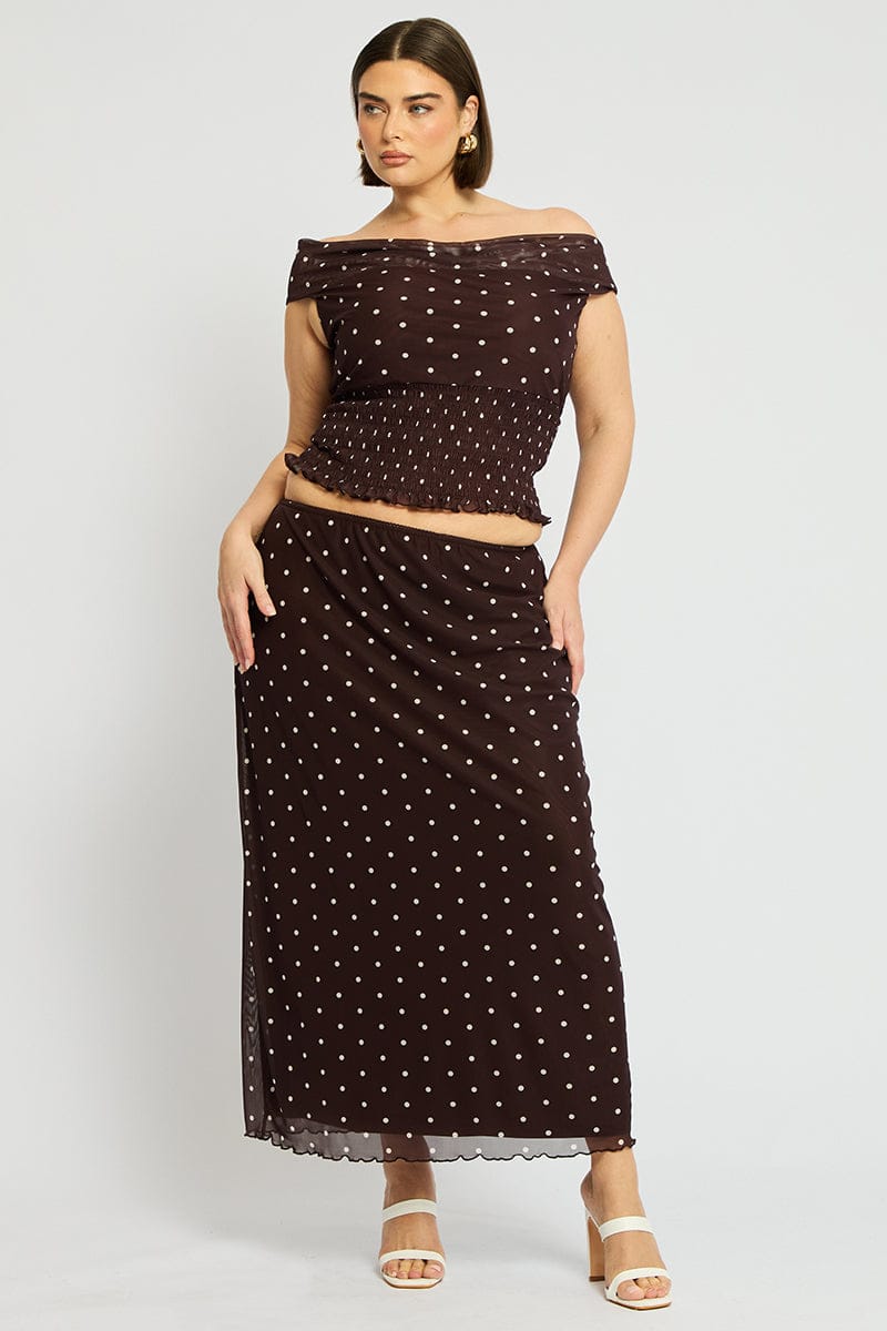 Brown Polka Dot Maxi Skirt Mesh for YouandAll Fashion