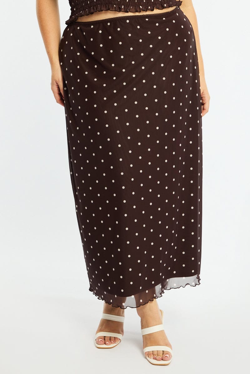 Brown Polka Dot Maxi Skirt Mesh for YouandAll Fashion