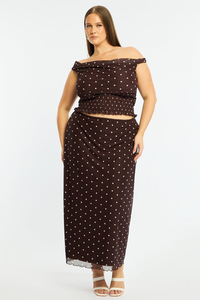 Brown Polka Dot Maxi Skirt Mesh for YouandAll Fashion