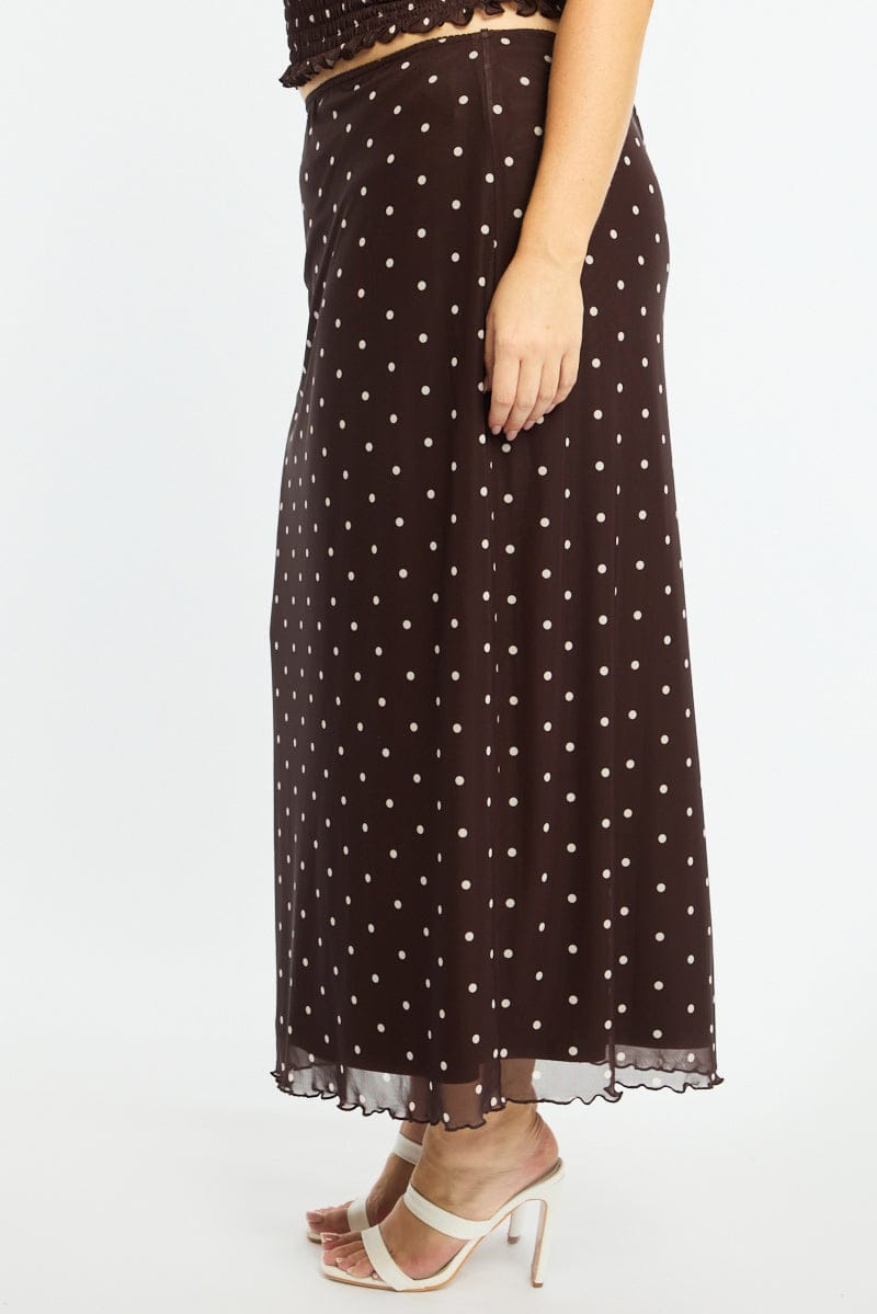 Brown Polka Dot Maxi Skirt Mesh for YouandAll Fashion