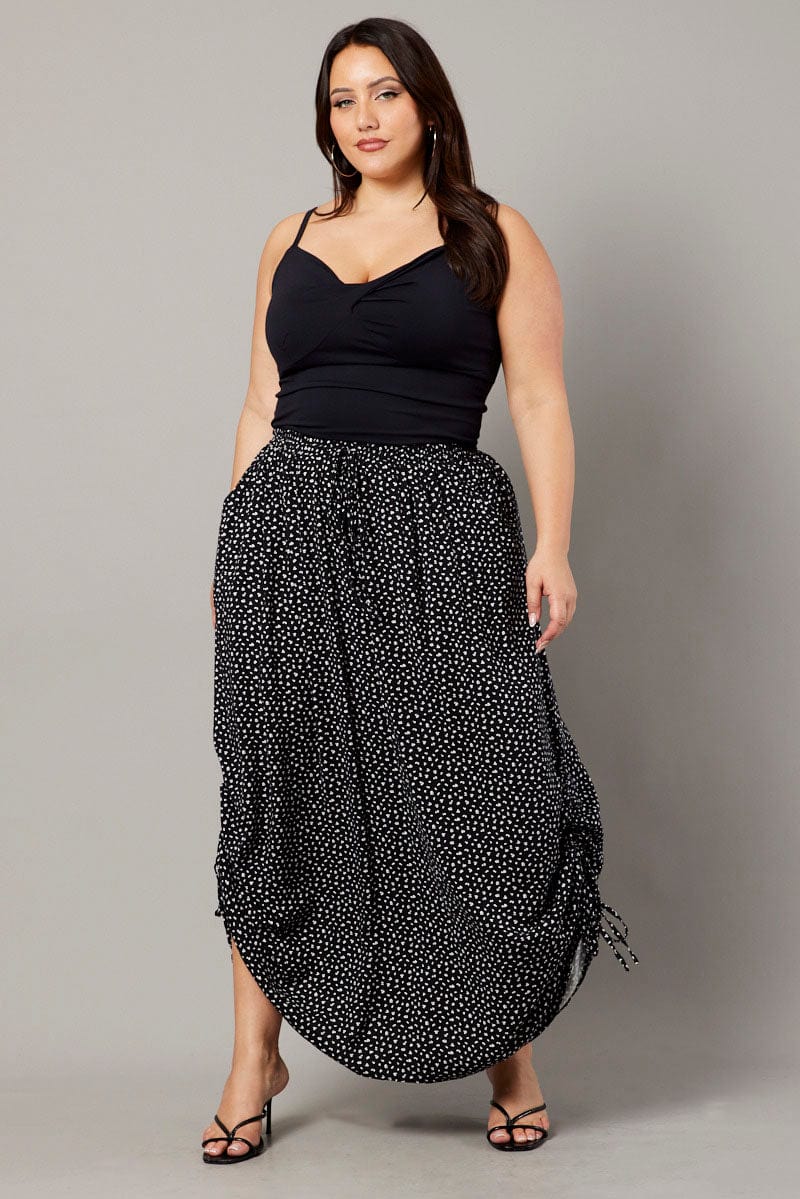 Black Ditsy Maxi Skirt Drawstring Side for YouandAll Fashion