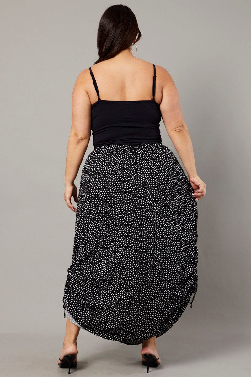 Black Ditsy Maxi Skirt Drawstring Side for YouandAll Fashion