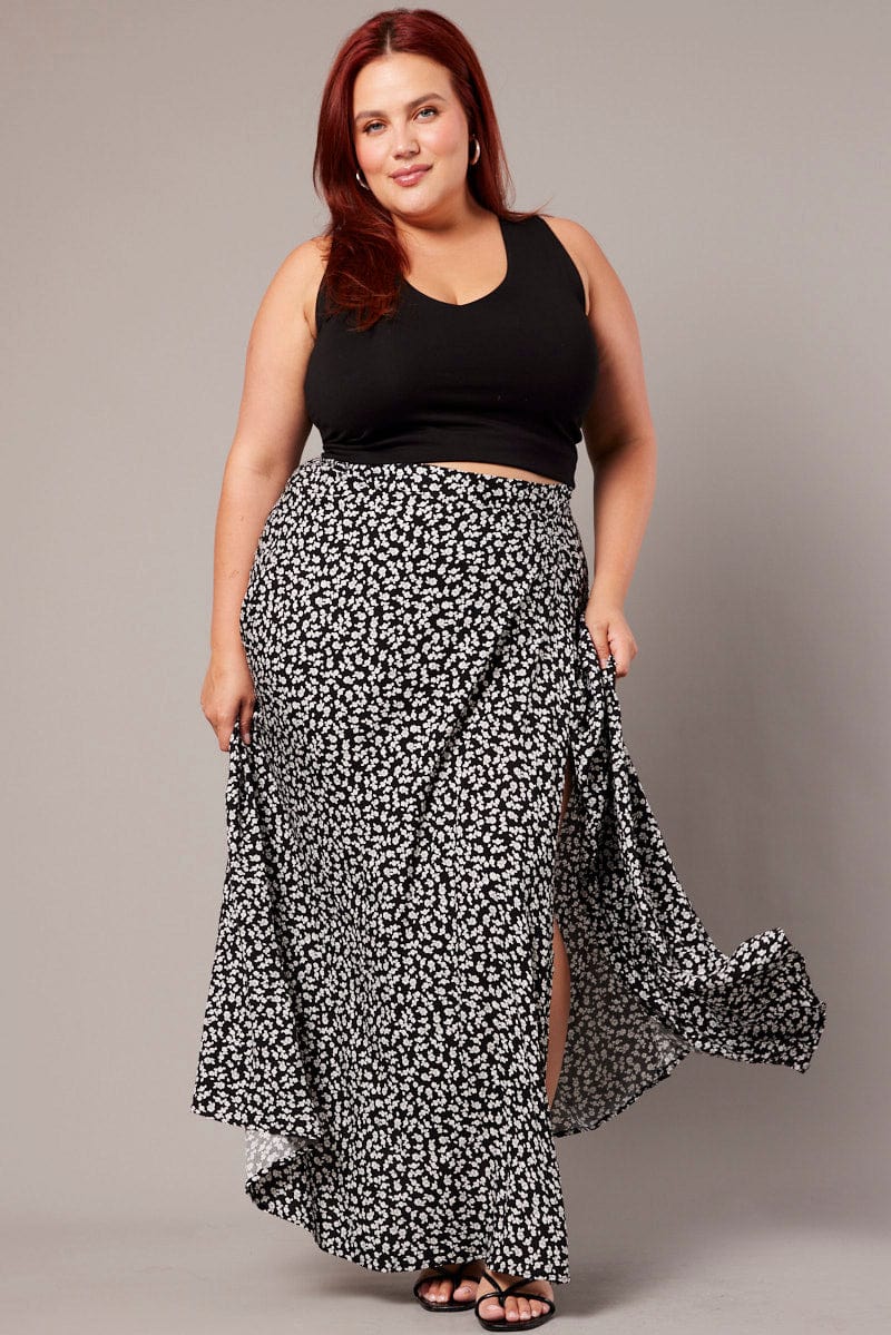 Black Ditsy Wrap Maxi Skirt for YouandAll Fashion