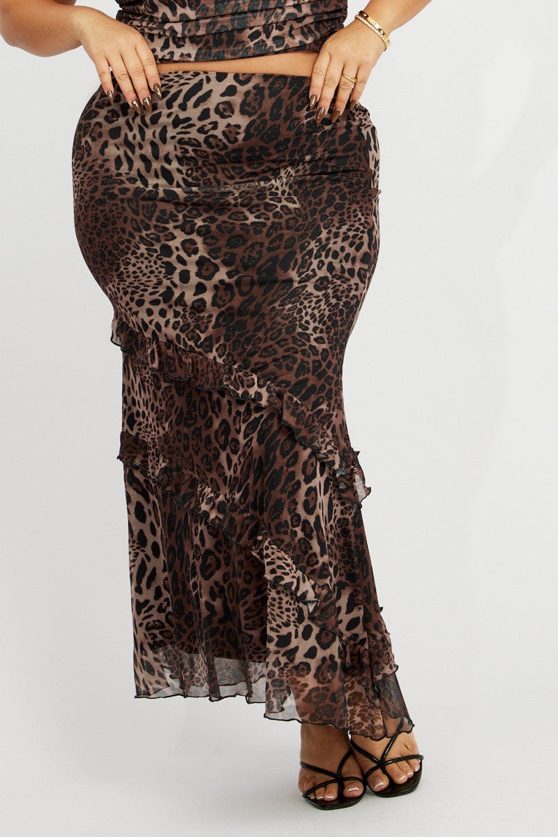 Brown Animal Print Frill Leopard Maxiskirt for YouandAll Fashion