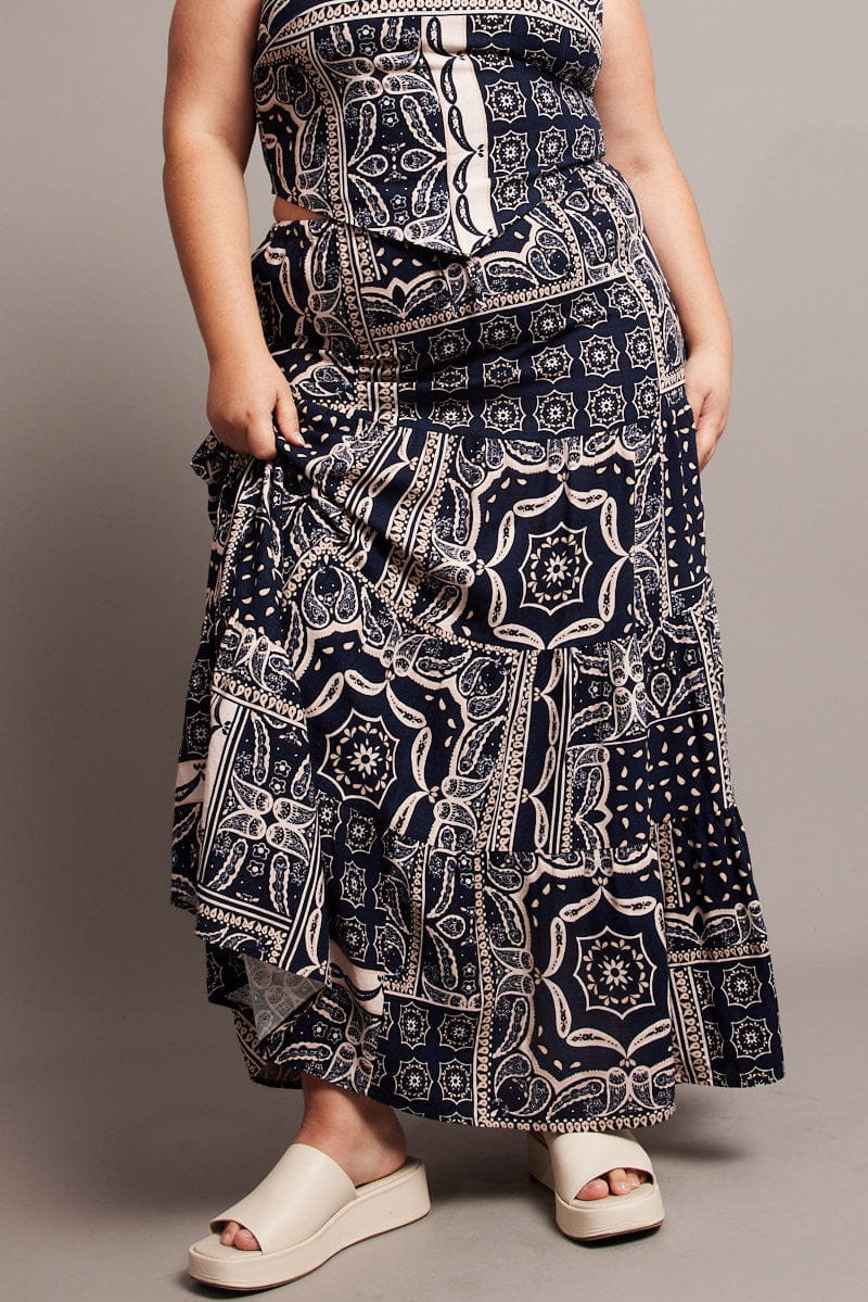 Blue Abstract Tiered Maxi Skirt for YouandAll Fashion