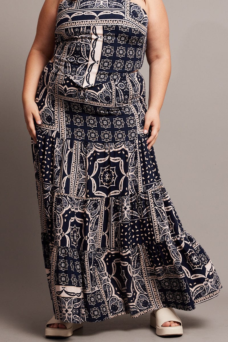 Blue Abstract Tiered Maxi Skirt for YouandAll Fashion