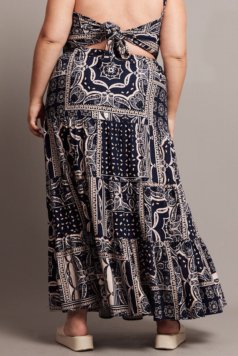 Blue Abstract Tiered Maxi Skirt for YouandAll Fashion